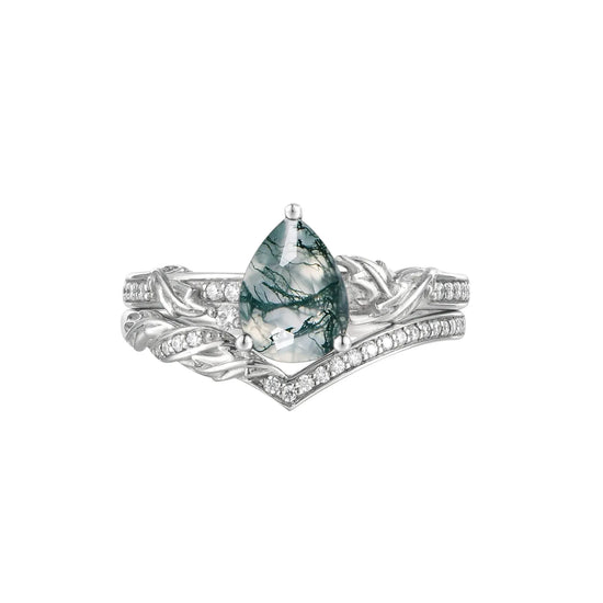 Pear Shape Moss Agate Engagement Ring