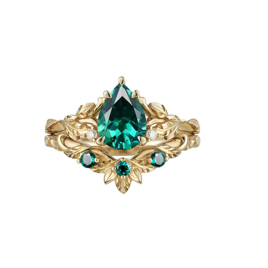 African Violet Inspired Emerald Engagement Ring Set