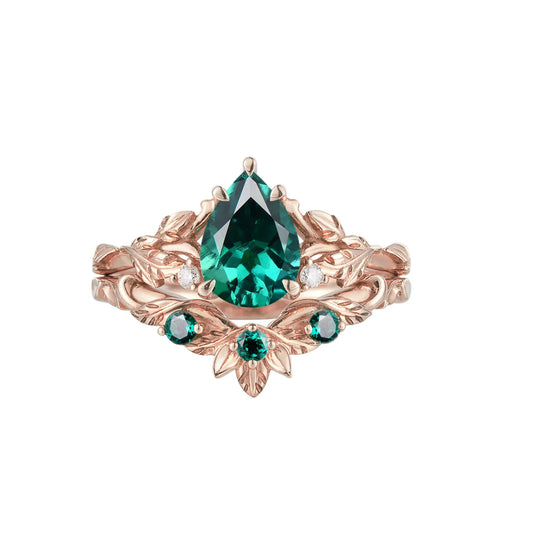 African Violet Inspired Emerald Engagement Ring Set