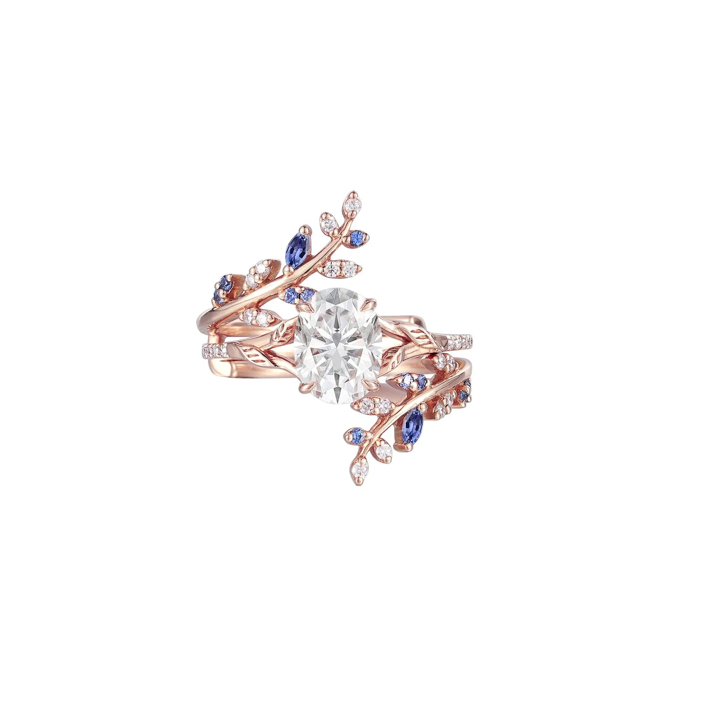 Oval Moissanite Half Eternity Leaf Engagement Ring Set 2pcs