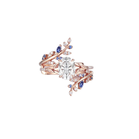 Oval Moissanite Half Eternity Leaf Engagement Ring Set 2pcs
