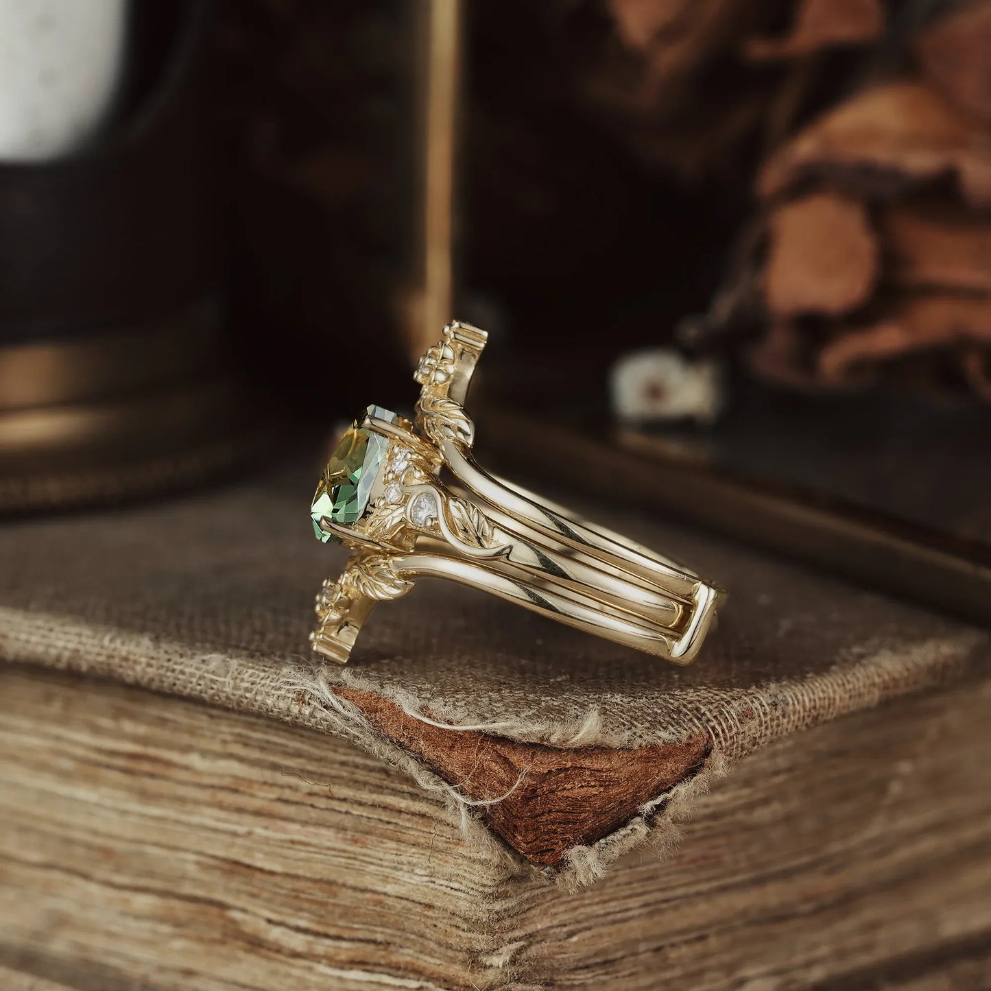 Green Sapphire Leaf Ring Set