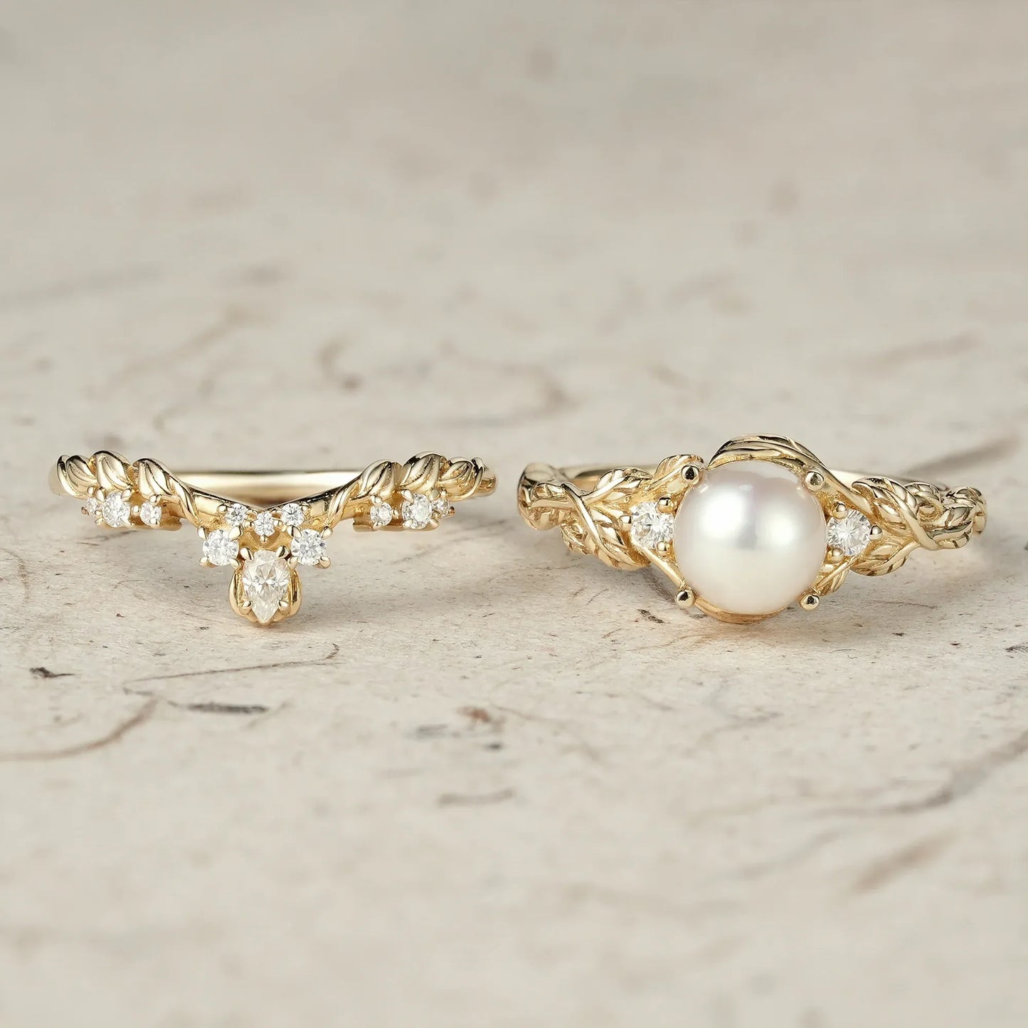 Pearl Leaf Ring Set