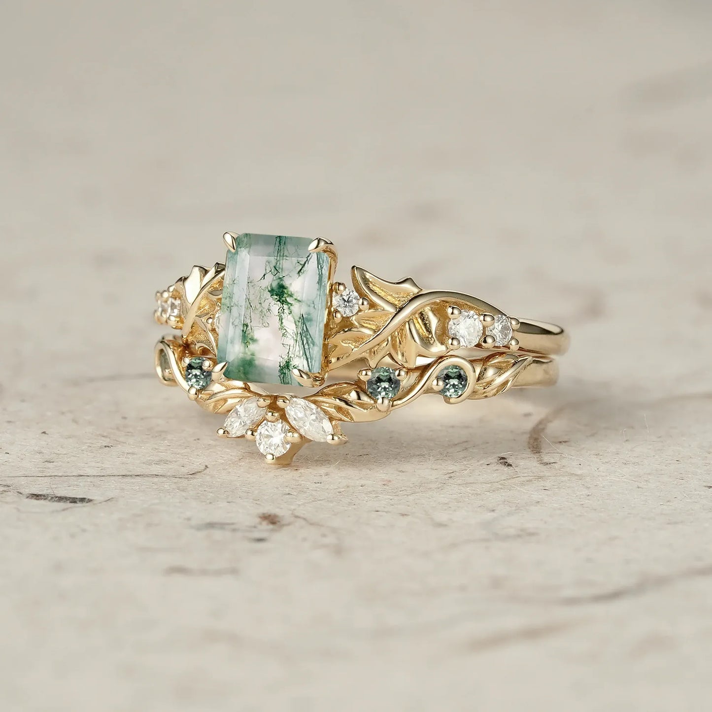 Emerald Cut Moss Agate Ring Set