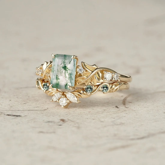 Emerald Cut Moss Agate Ring Set