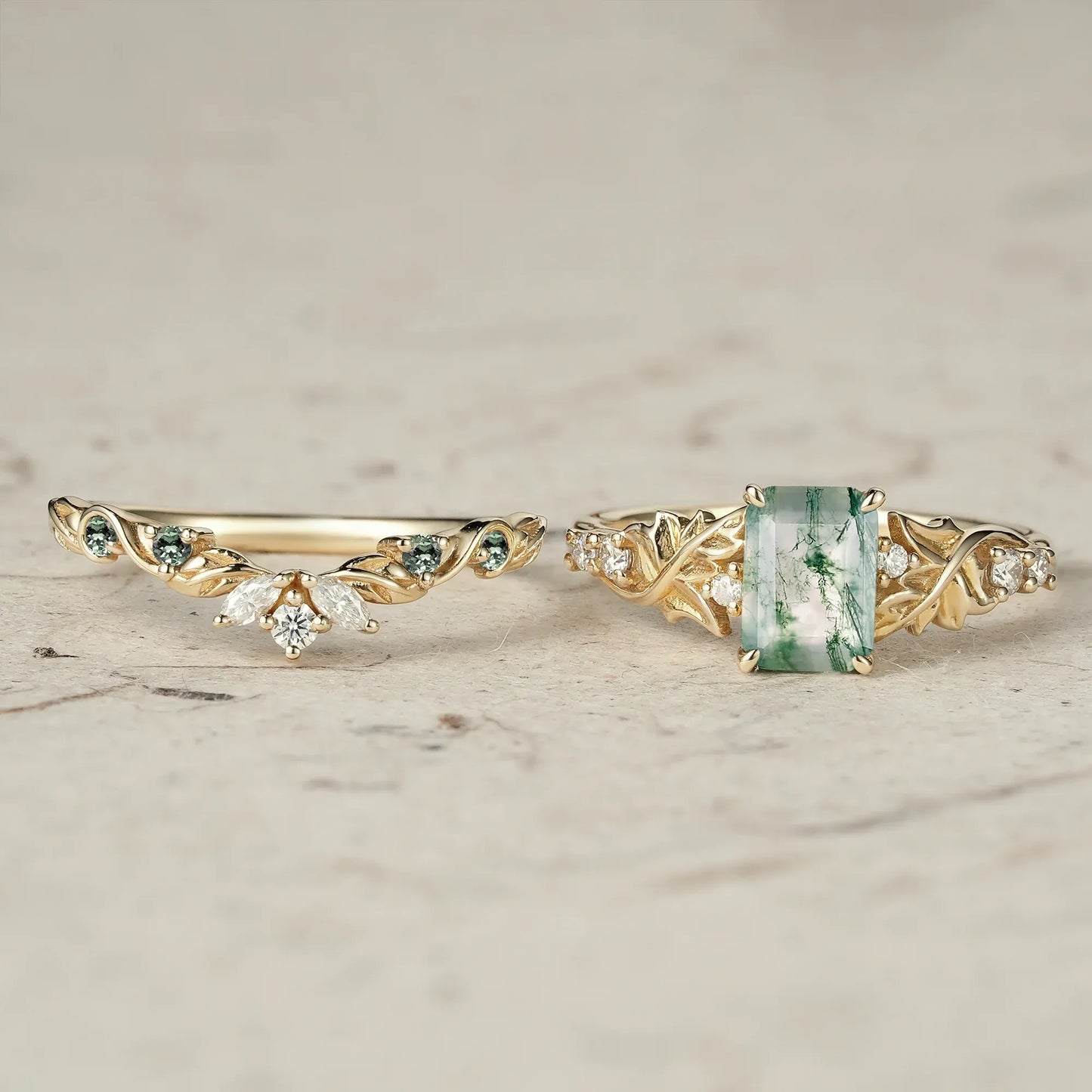 Emerald Cut Moss Agate Ring Set