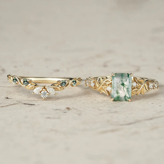 Emerald Cut Moss Agate Ring Set