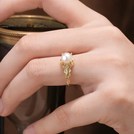 Pearl Leaf Engagement Ring