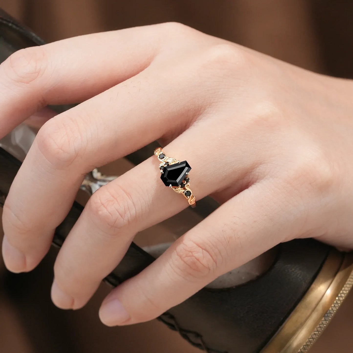 Coffin Cut Black Onyx Leaf Ring