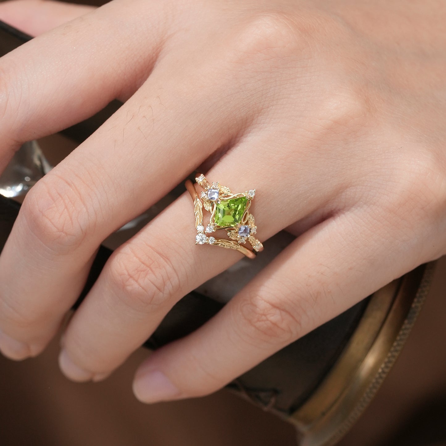Three-Stone Peridot and Tanzanite Leaf Ring Set