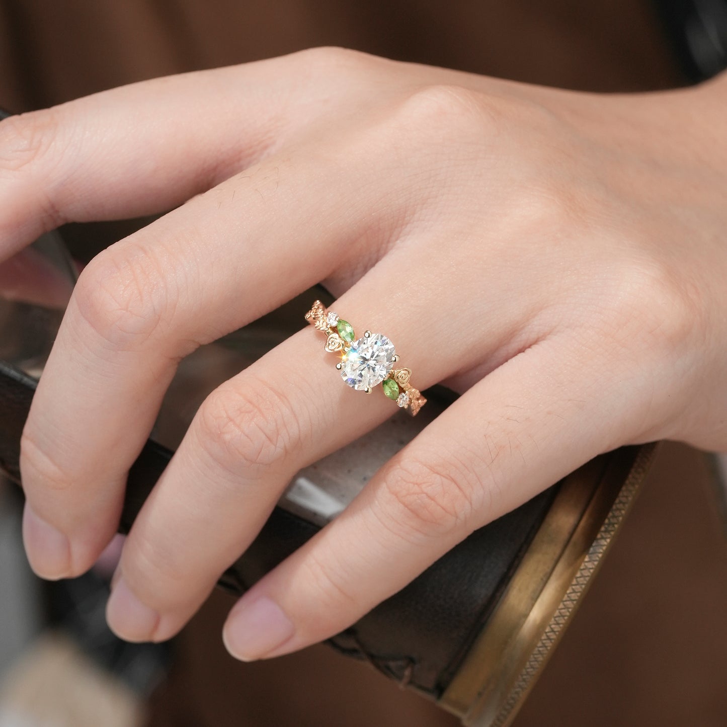 Moissanite & Peridot Rose Engagement Ring