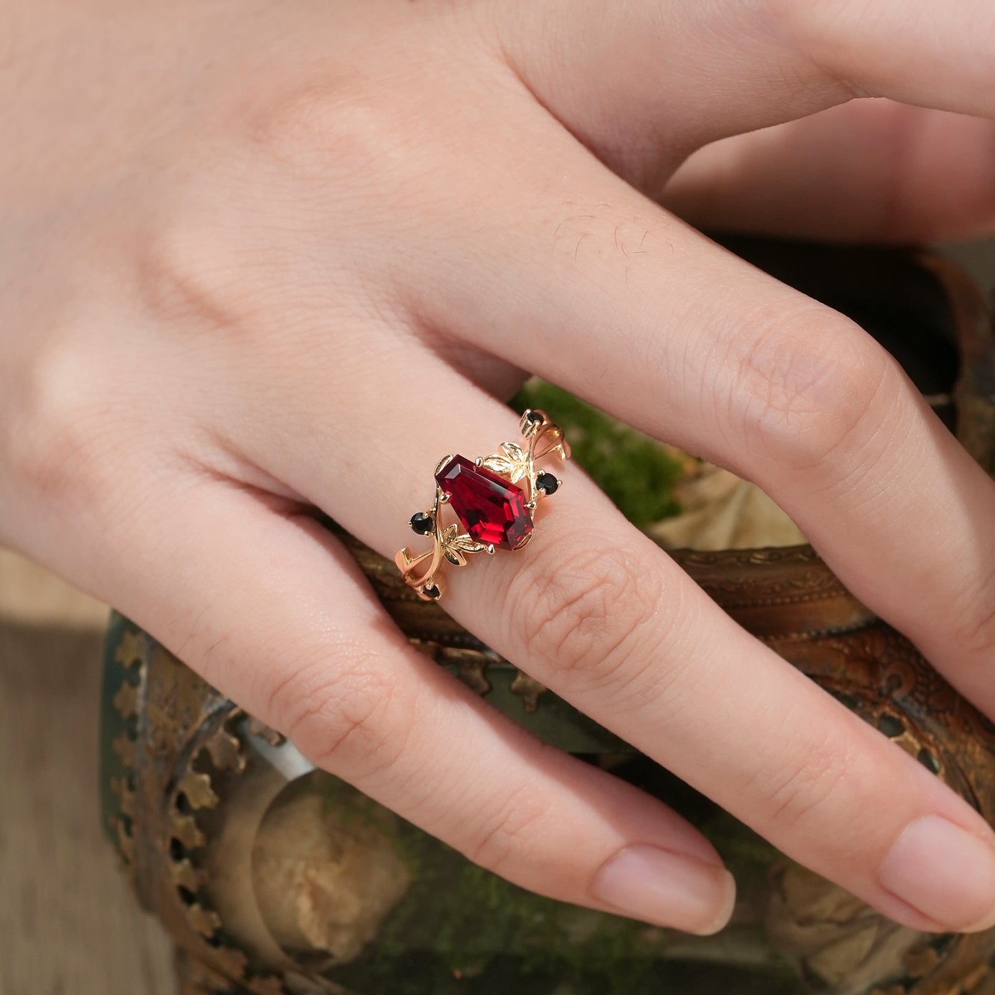 Coffin Shaped Ruby Leaf Ring