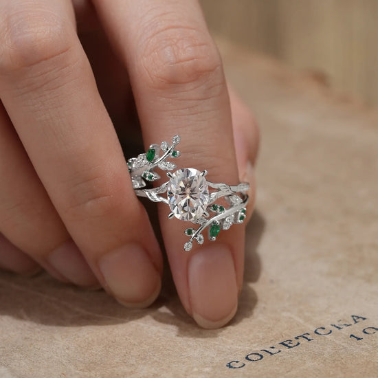 Oval Moissanite and Emerald Leaf Engagement Ring Set