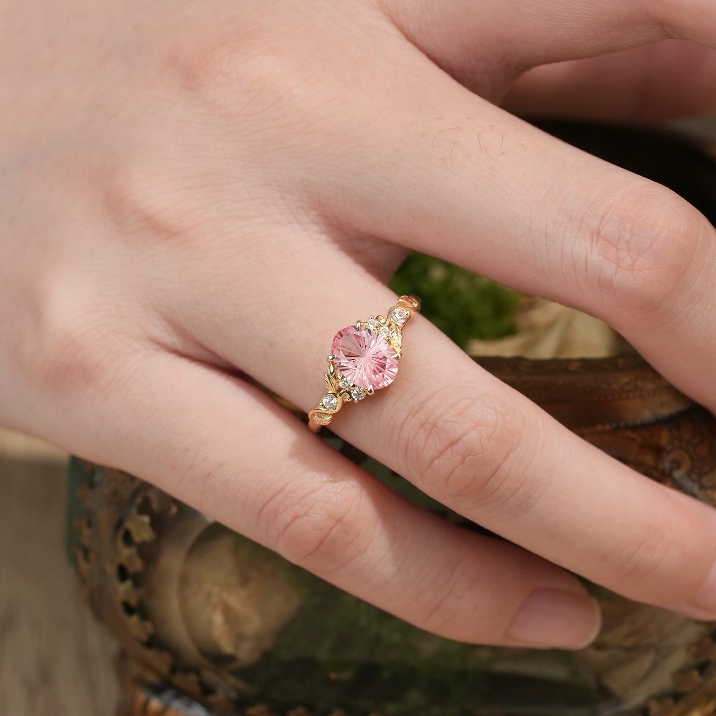 Sparkle Cut Pink Sapphire Leaf Engagement Ring