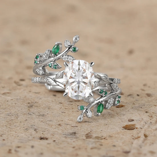 Oval Moissanite and Emerald Leaf Engagement Ring Set