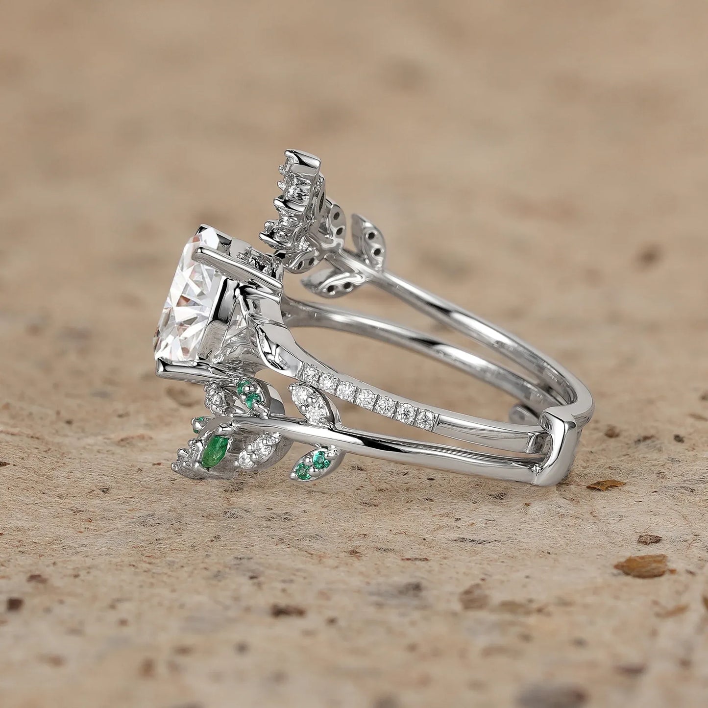 Oval Moissanite and Emerald Leaf Engagement Ring Set