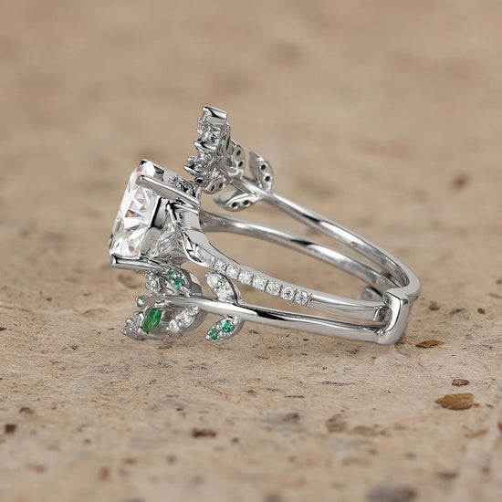 Oval Moissanite and Emerald Leaf Engagement Ring Set