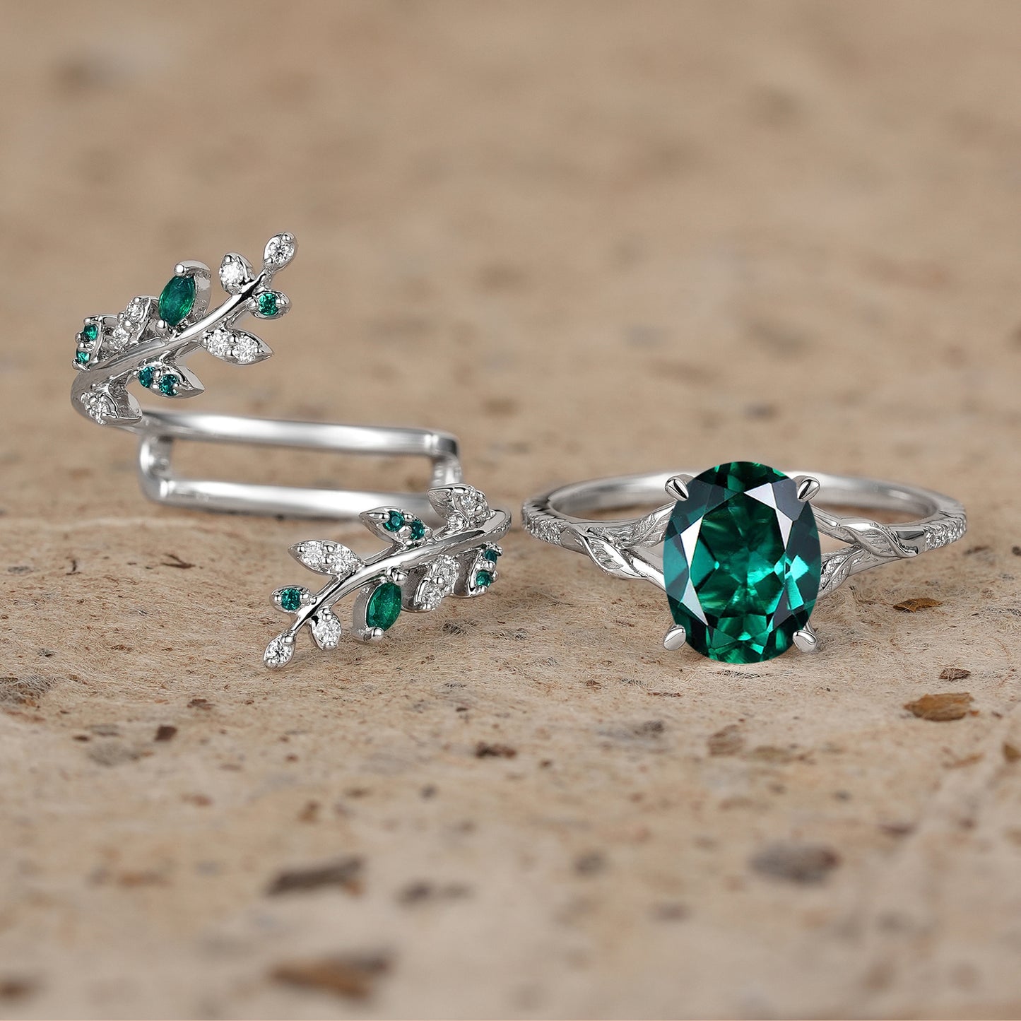 Emerald Engagement Ring Set