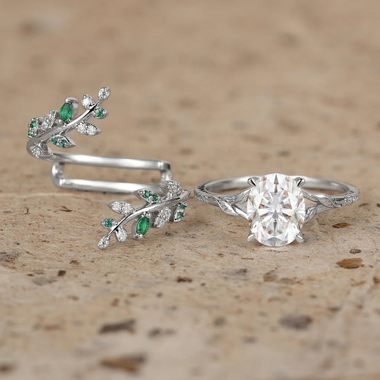 Oval Moissanite and Emerald Leaf Engagement Ring Set