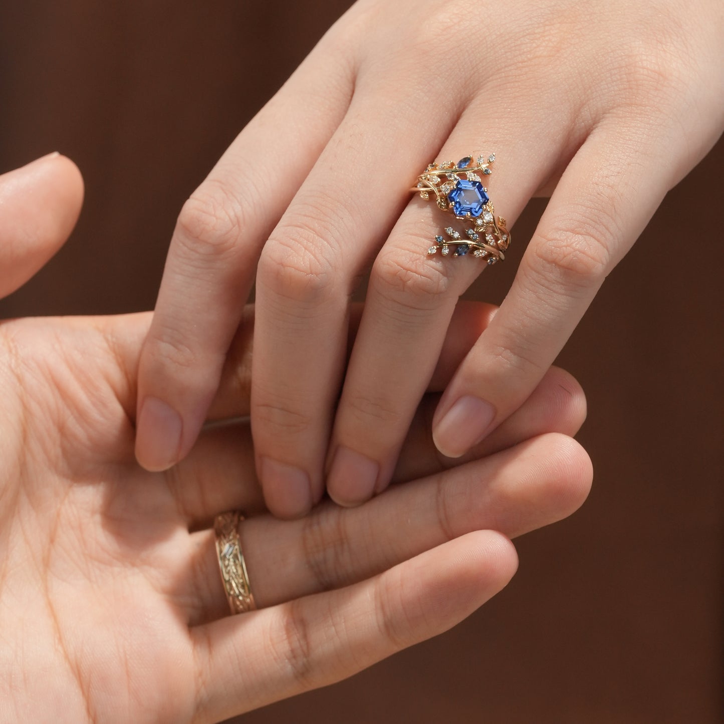 Hexagon Sapphire Vine Couple's Ring