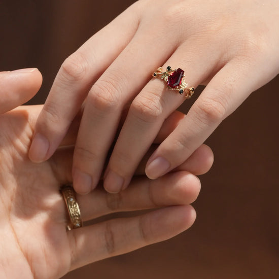 Coffin Cut Ruby Nature Inspired Couple Rings