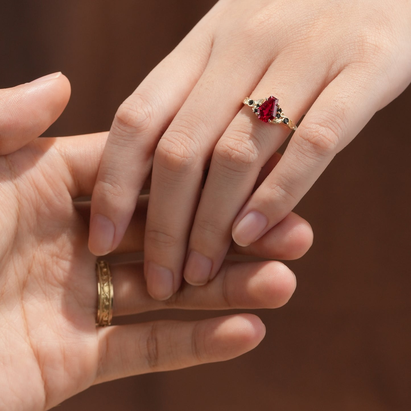 Coffin-Cut Ruby Leaf lnspired Couple Ring-Be Mine