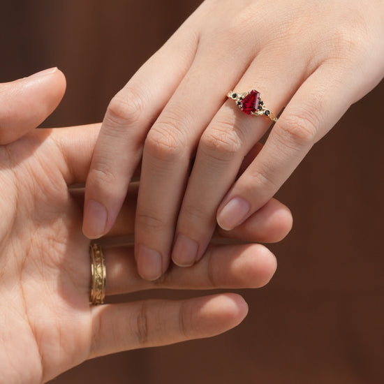 Coffin-Cut Ruby Leaf lnspired Couple Ring-Be Mine