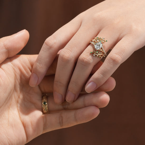 Moissanite and Moss Agate Couple Ring Set