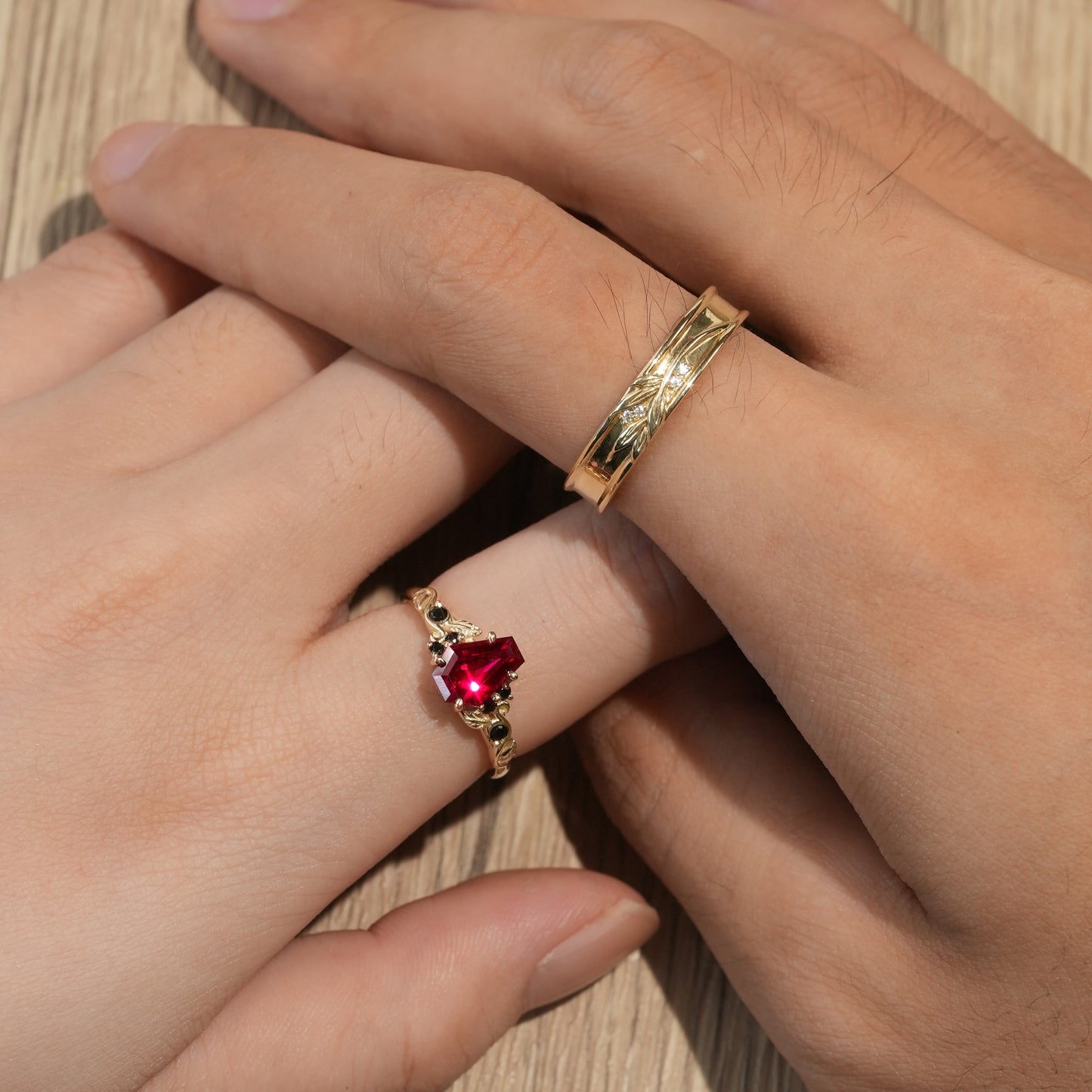 Coffin-Cut Ruby Leaf lnspired Couple Ring-Be Mine