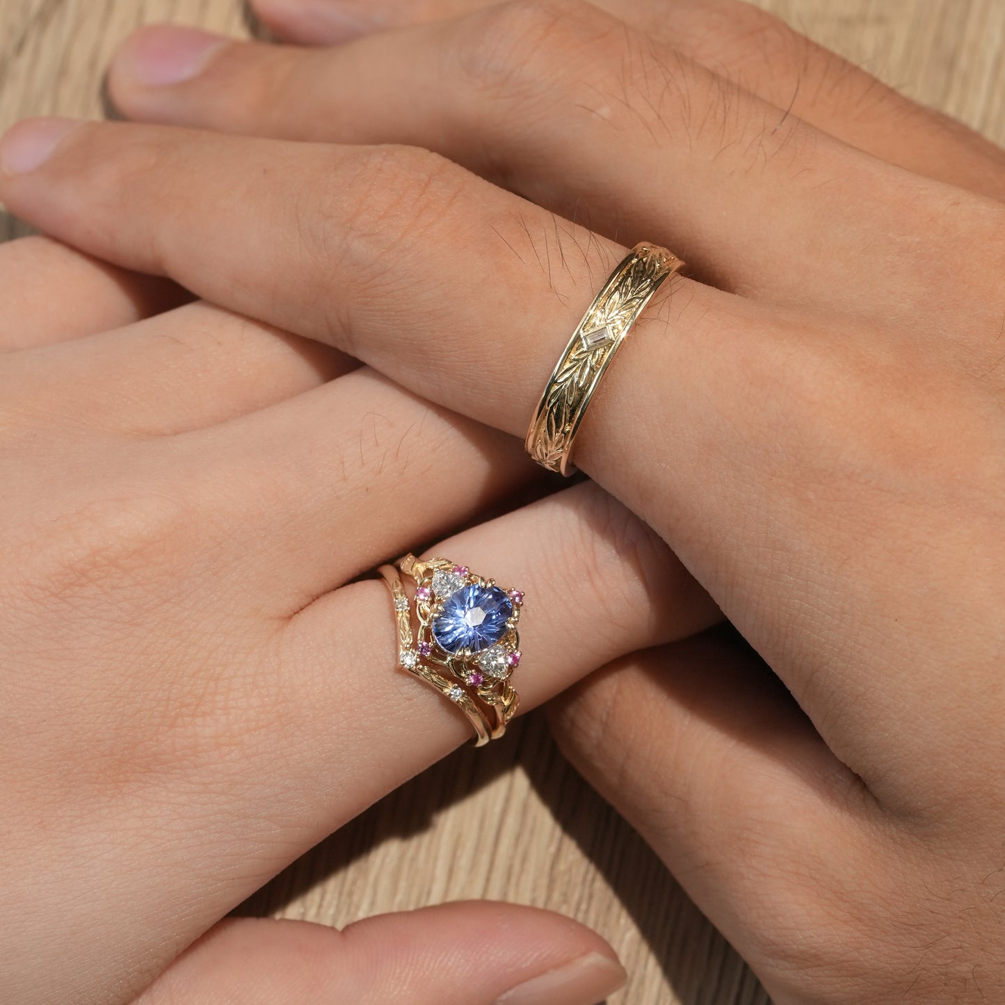 Three-Stones Sparkle Cut Cornflower Sapphire Couple Ring