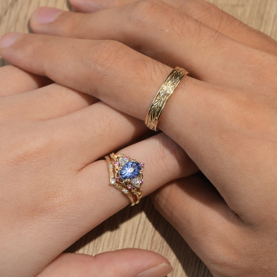 Three-Stones Sparkle Cut Cornflower Sapphire Couple Ring