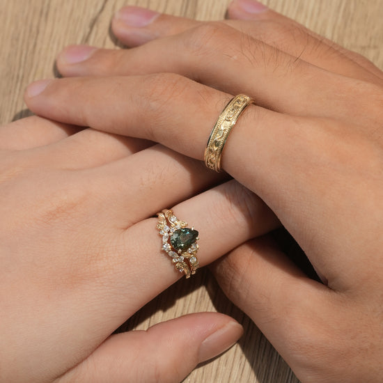 Green Sapphire Leaf Couple Rings