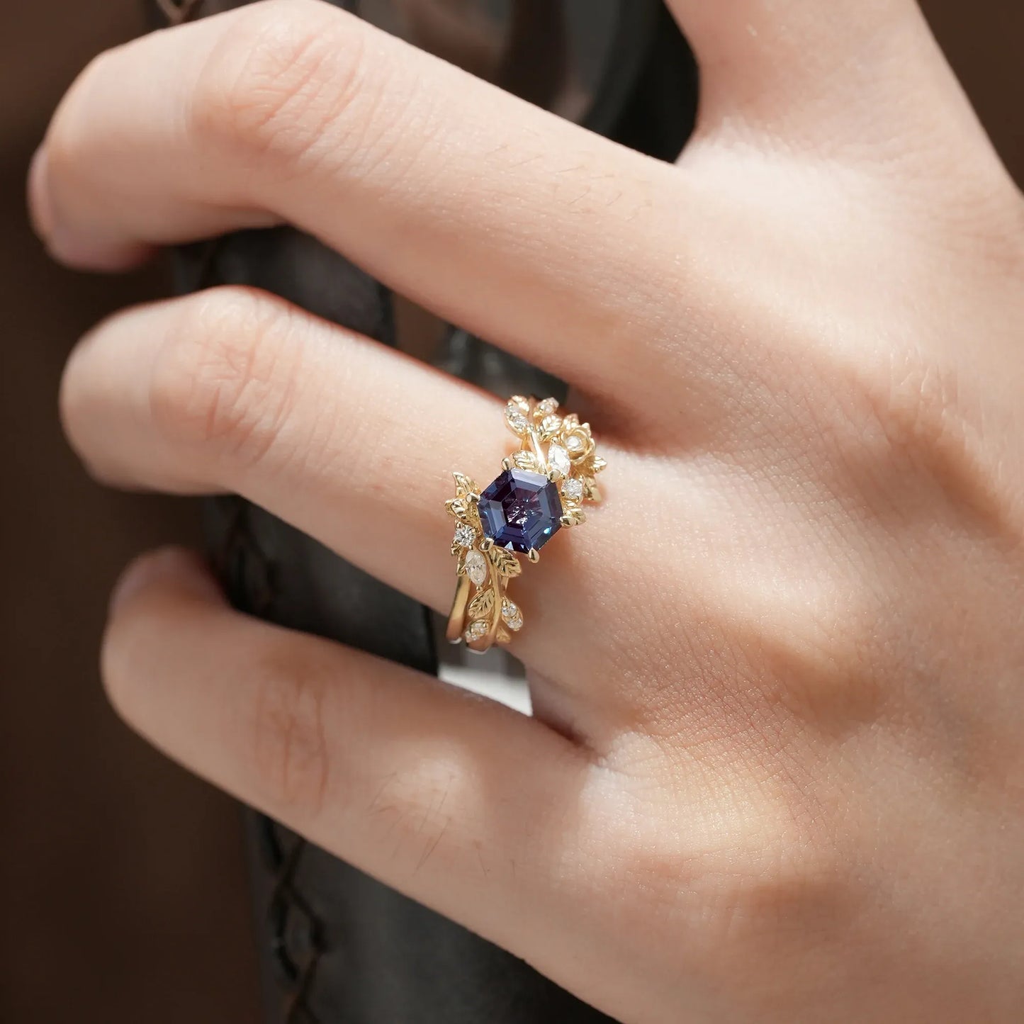 Hexagon Cut Alexandrite Engagement Ring Set