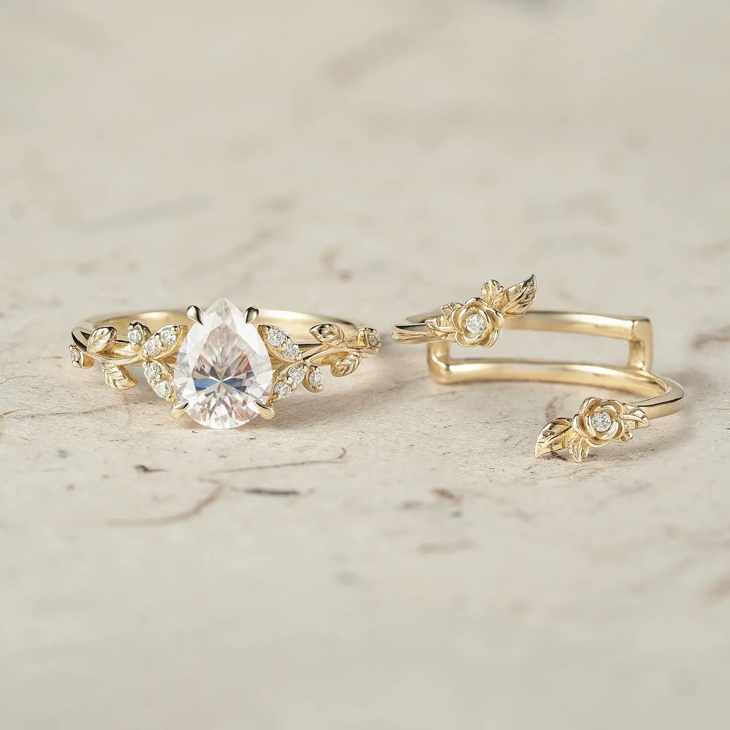 Pear Cut Moissanite Leaf Ring Set