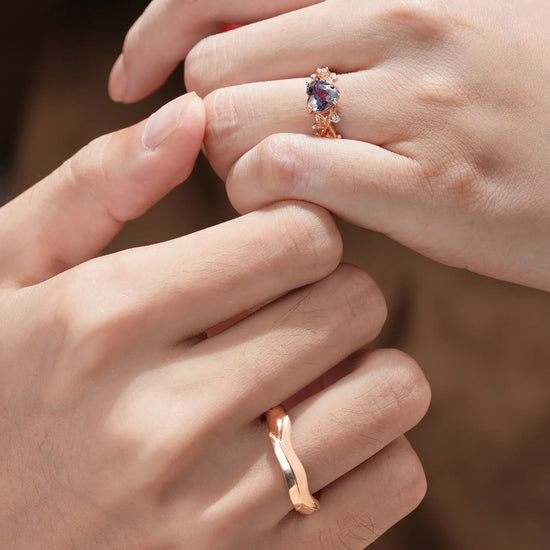 Heart Shaped Alexandrite Leaf Couple Ring