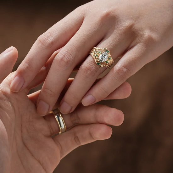 Moissanite and Emerald Couple’s Wedding Ring Set