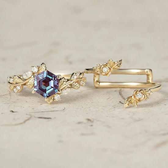 Hexagon Cut Alexandrite Engagement Ring Set