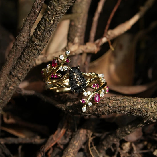 Black Rutilated Quartz Engagement Ring Set