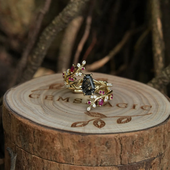 Black Rutilated Quartz Engagement Ring Set
