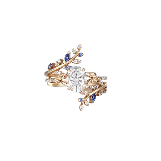Oval Moissanite Half Eternity Leaf Engagement Ring Set 2pcs