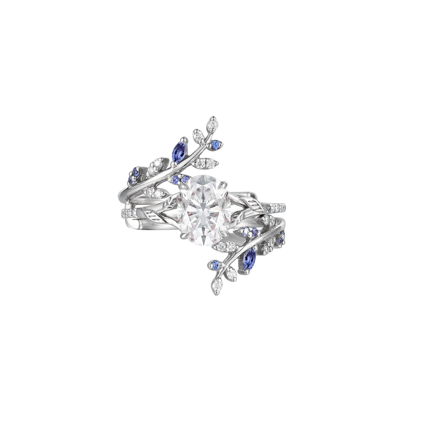 Oval Moissanite Half Eternity Leaf Engagement Ring Set 2pcs