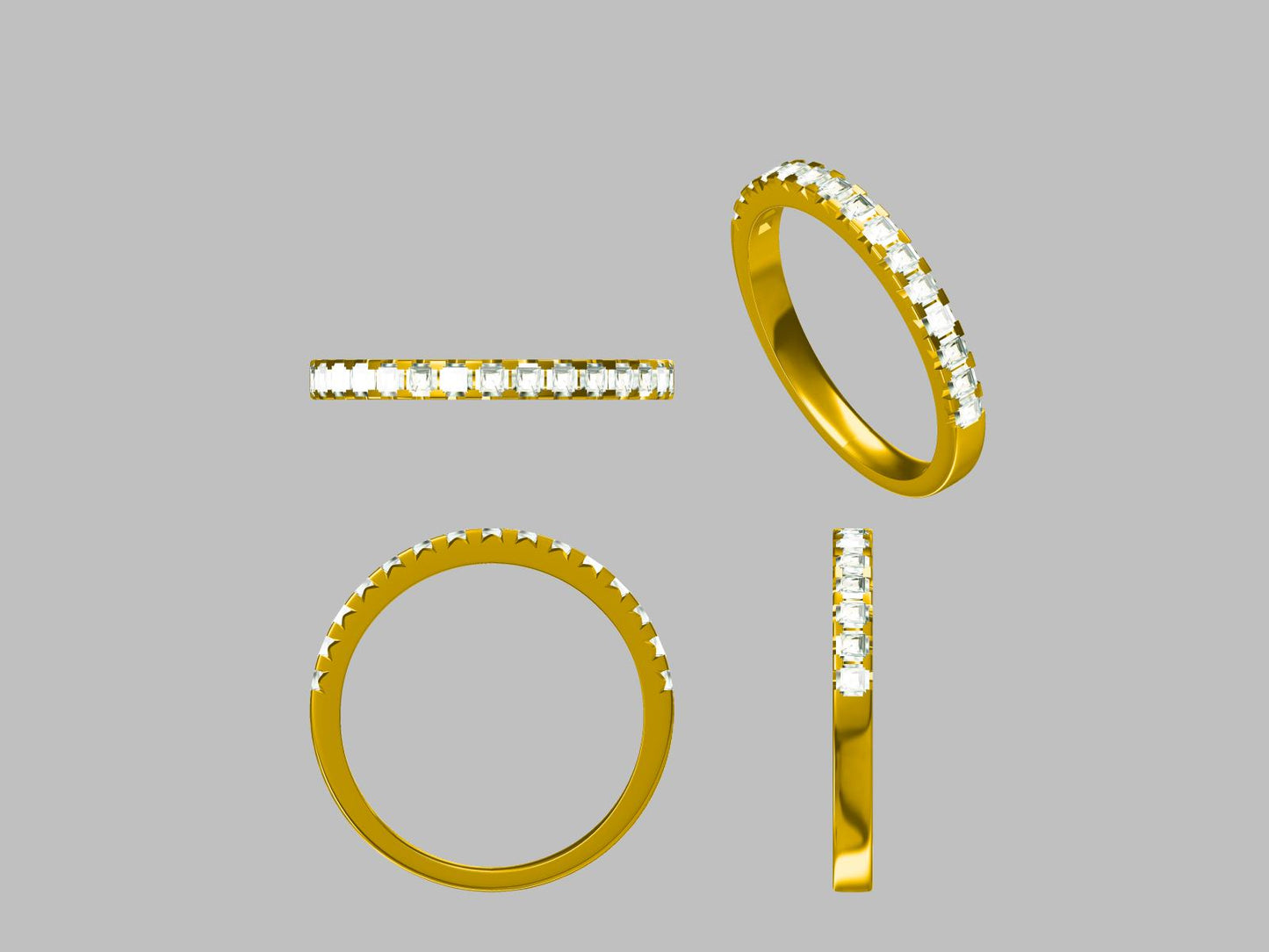 Custom gold wedding band with princess cut stones set in a row