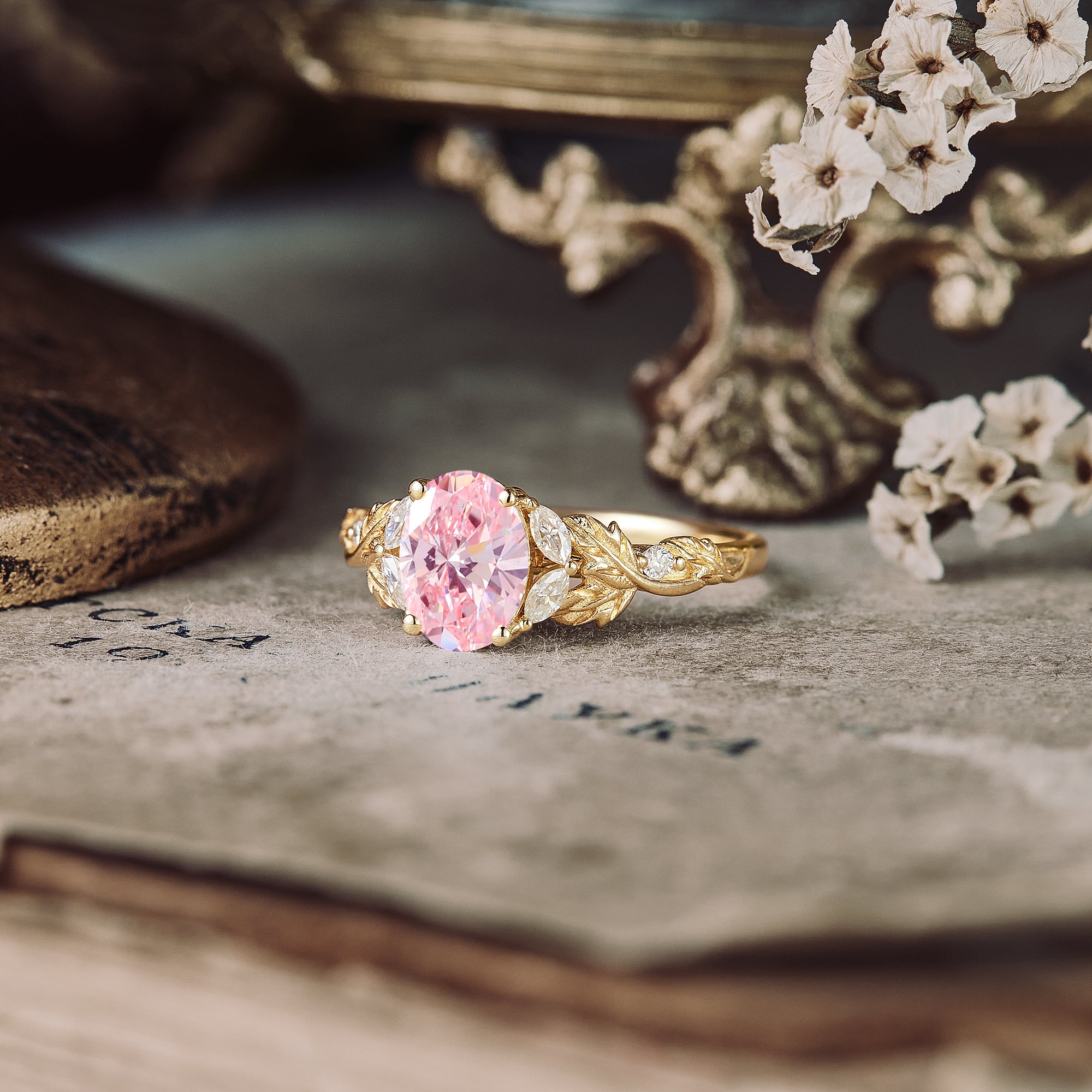 Lab Grown Pink Diamond Crossed Leaf Engagement Ring - Bella