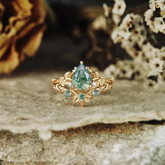 Moss Agate Engagement Ring Set 2pcs