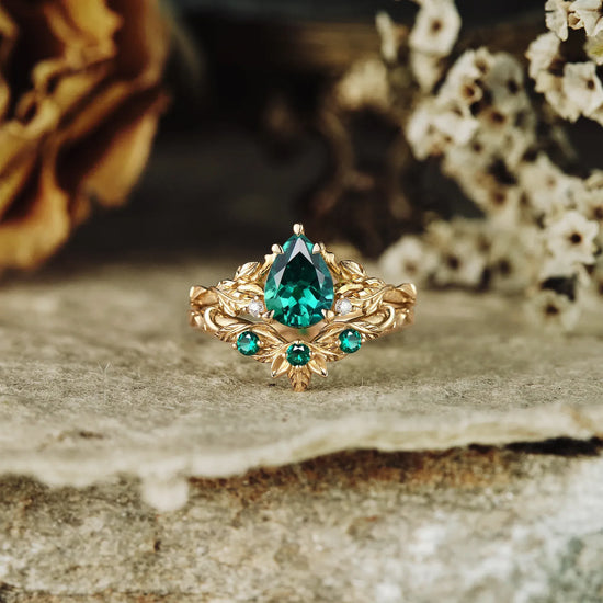 African Violet Inspired Emerald Engagement Ring Set