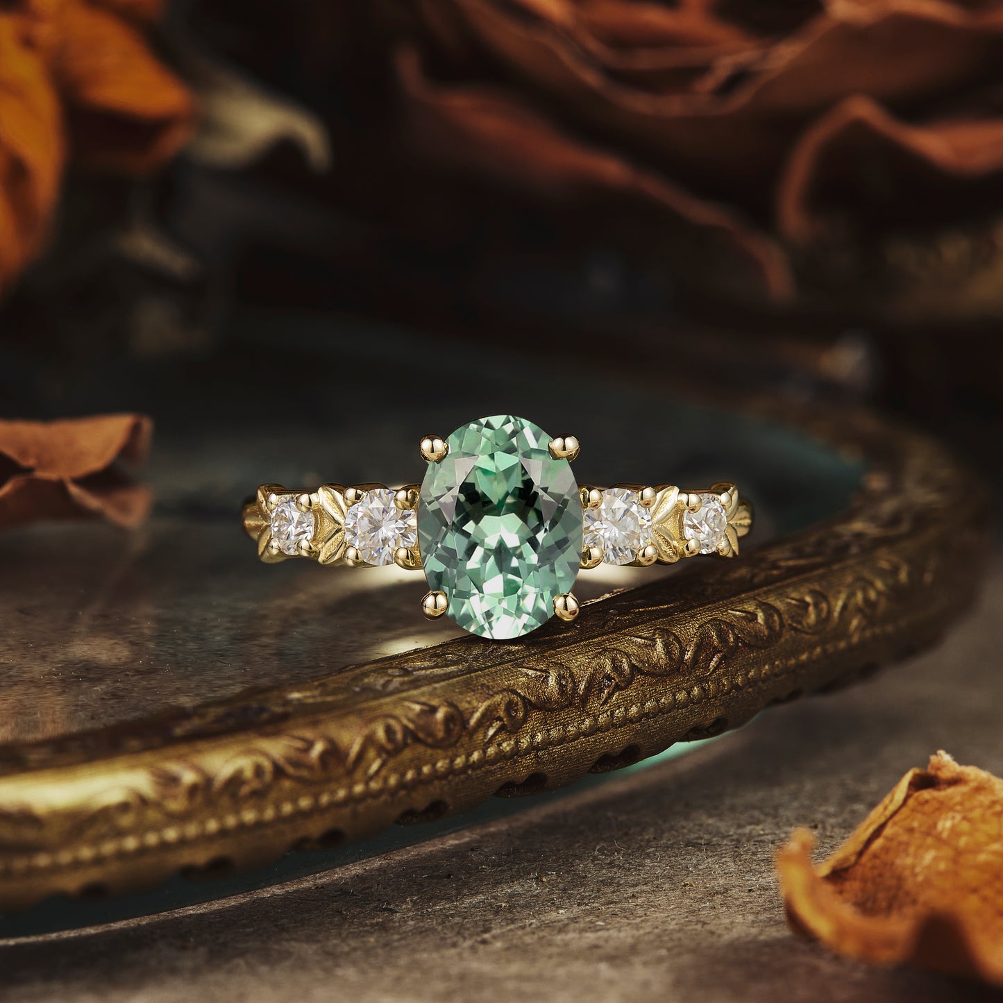 Oval Cut Green Sapphire Leaf Ring - Ailsa