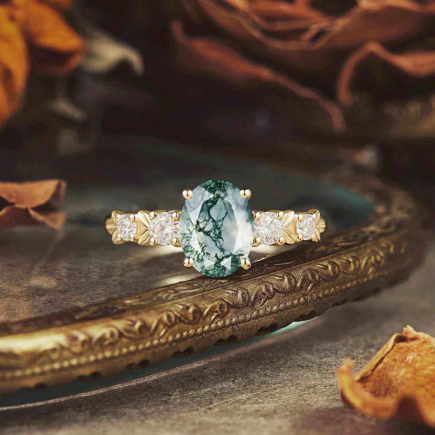 Oval Cut Moss Agate Leaf Inspired Elven Engagement Ring