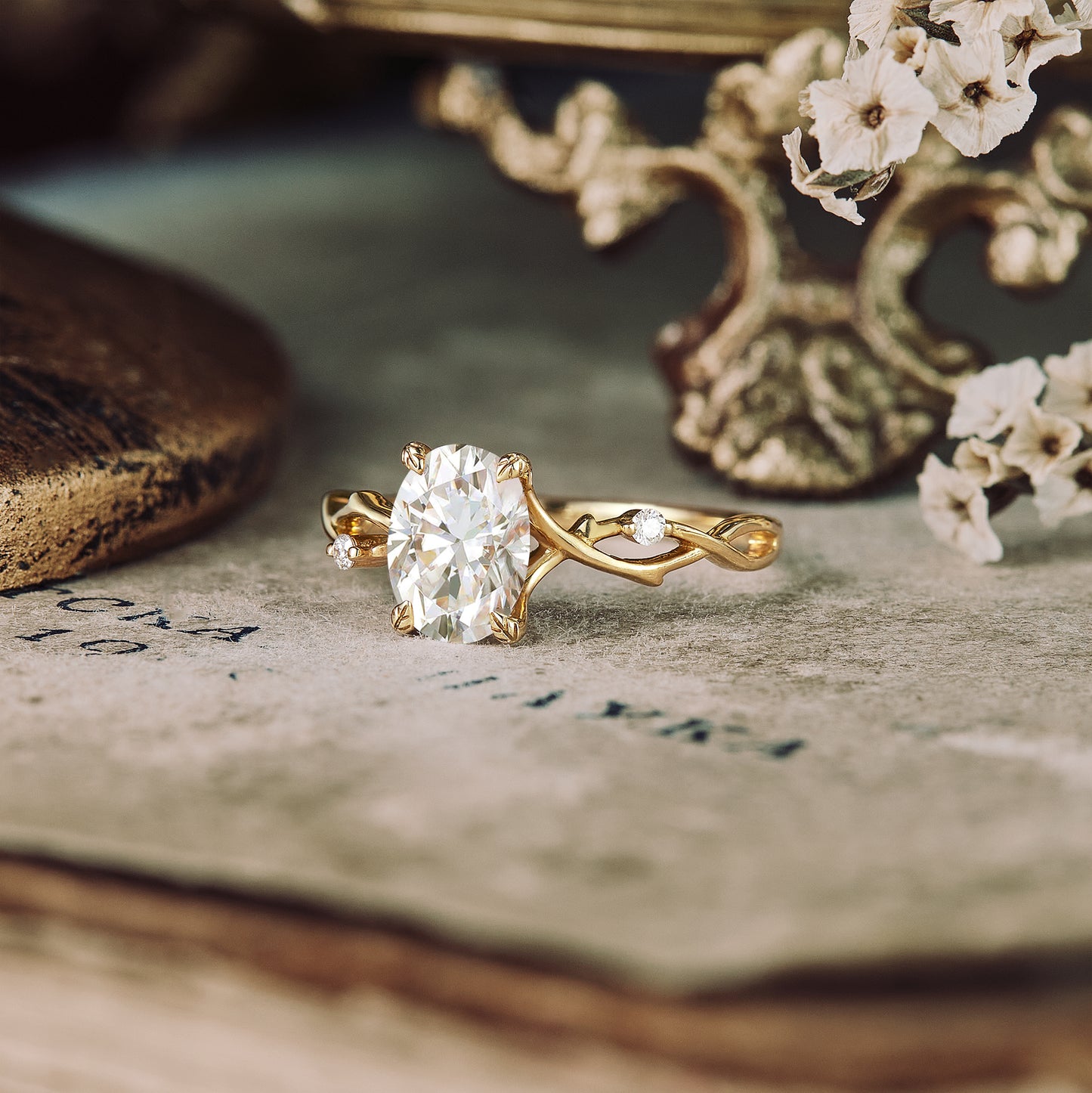 GemsMagic Unique Oval Moissanite Cluster Floral Engagement Ring