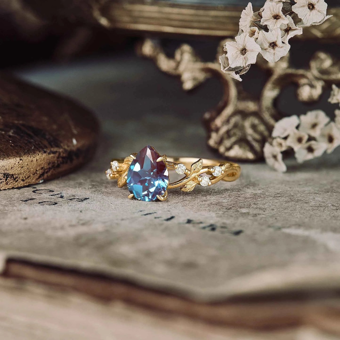 Pear Cut Alexandrite Nature Inspired Engagement Ring