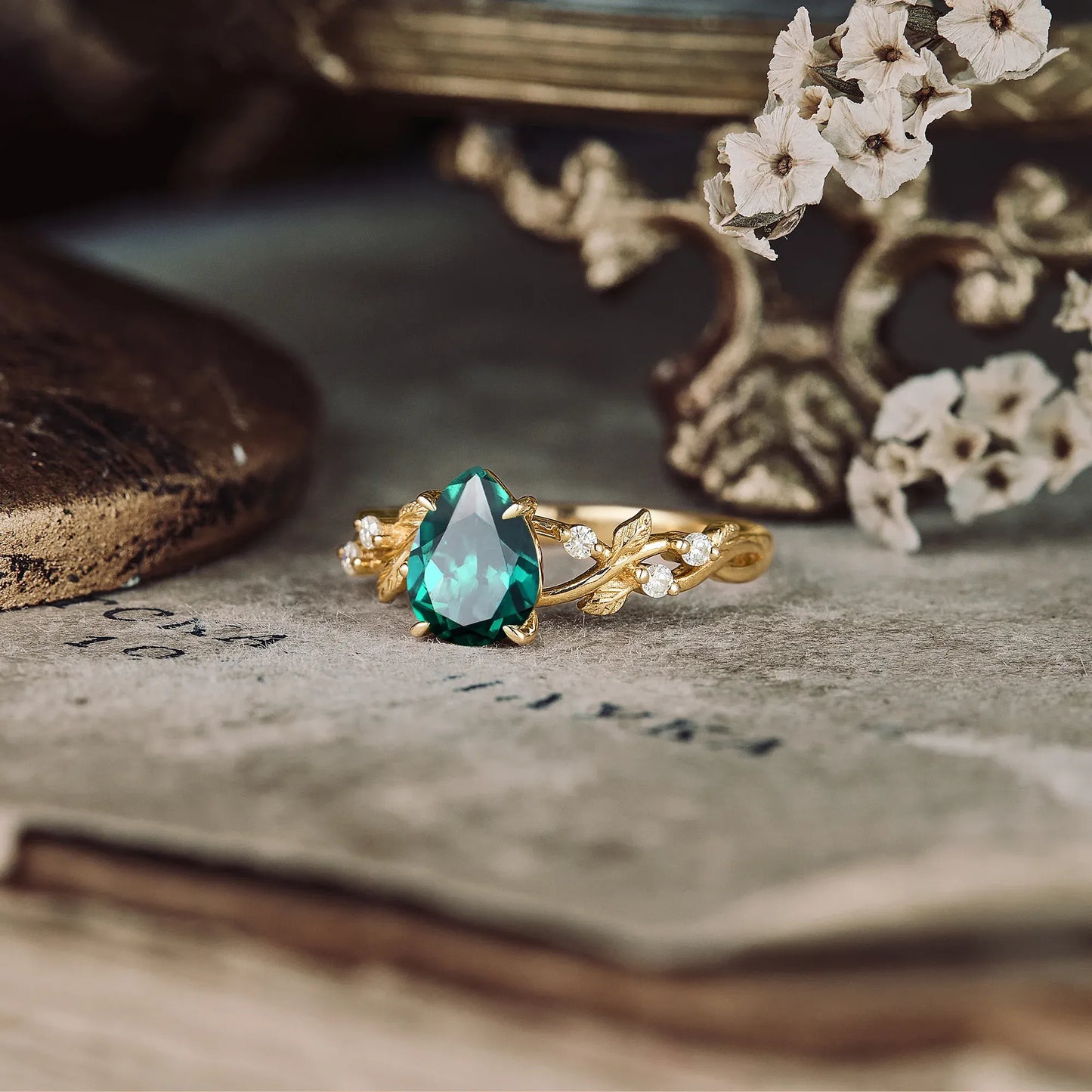 Emerald Leaf Engagement Ring